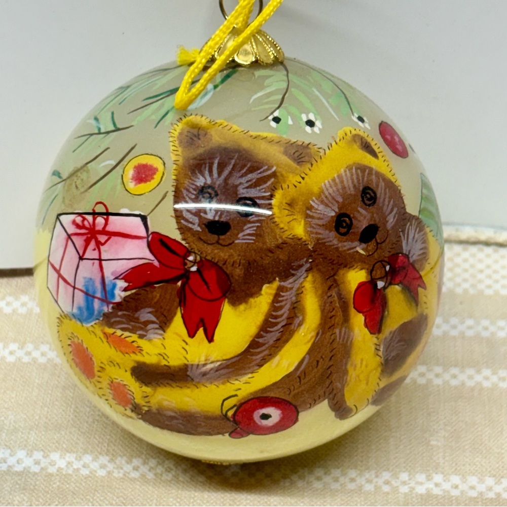 Bear Ornament Reverse Hand painted Glass Ball 3” with box